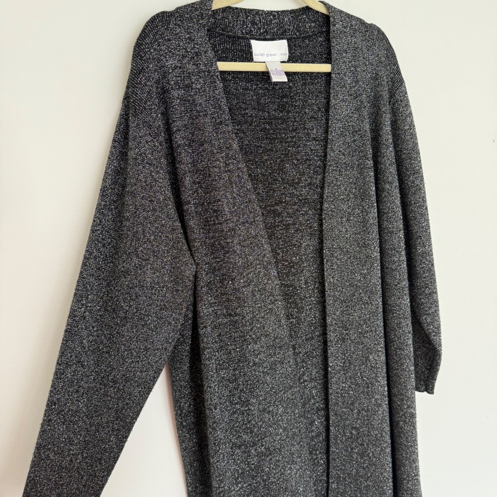 Vintage Susan Graver Style Black & Silver Glitter Long Cardigan 1X Festive‎